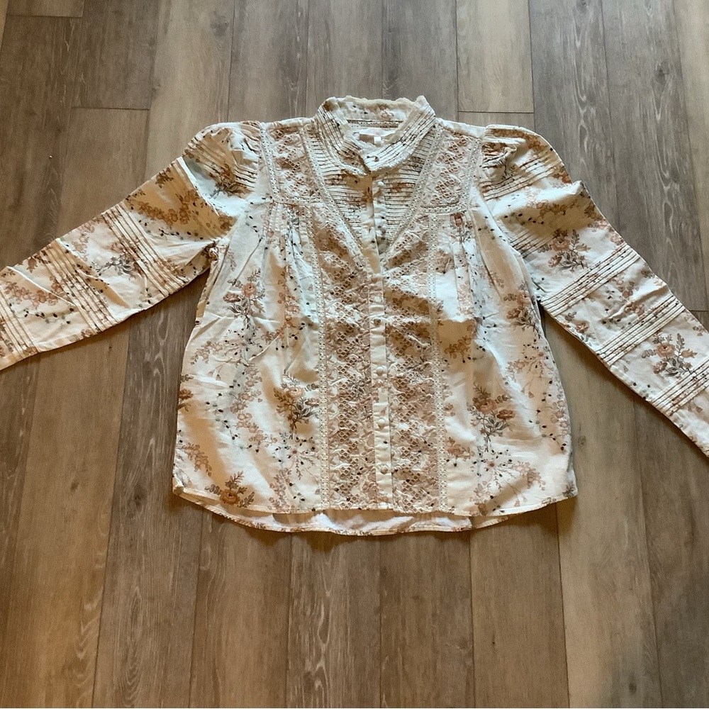 LoveShackFancy Floral Print Long Sleeve Button Up, Size Large